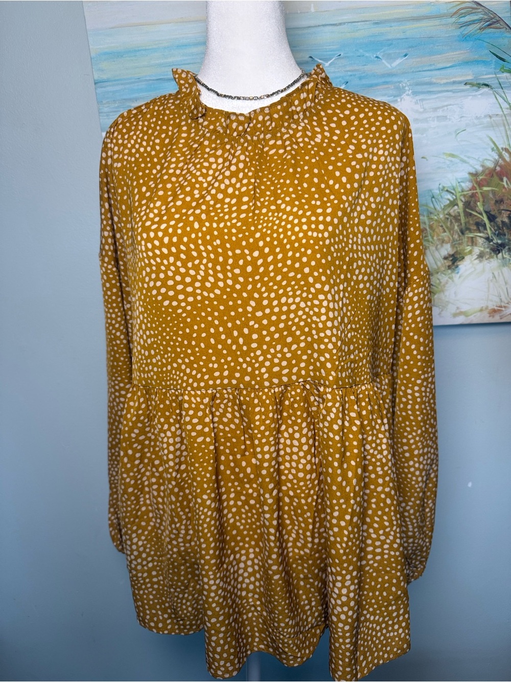 Dotted Mustard Peasant Tunic - Women Tops - Picture 4 of 9